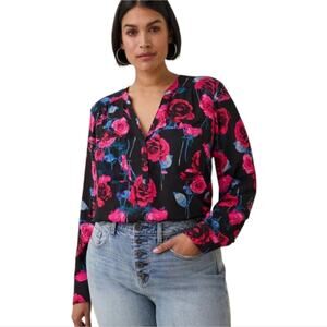Torrid Harper Pink Blue Black‎ Floral Georgette Pullover Long Sleeve Blouse 1X